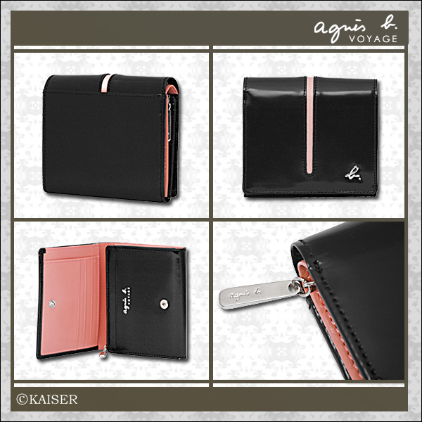 アニエス・ベー/agnis.b/agnesb/服飾小物/財布(サイフ/さいふ)/コイン・ケース(コインケース)/ウォレット/AB-PS-080130-MC-01-SV/「b.」シルバー・ポイント・2つ折りサイフ/ローズ・ピンク+ラスター・ブラック