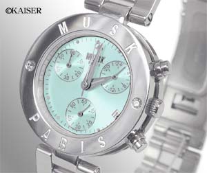 MUSK（ムスク）／腕時計（リスト・ウオッチ）／クロノグラフ腕時計（リスト・ウオッチ）／ブルガリ・ビー・ゼロ・ワン・モデル（B-ZERO1）／オールステンレス／シルバー＋シャイニング・エメラルド・グリーン×ブラック／フェイスの拡大