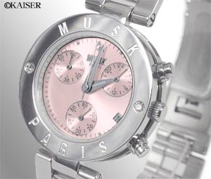 MUSK（ムスク）／腕時計（リスト・ウオッチ）／クロノグラフ腕時計（リスト・ウオッチ）／ブルガリ・ビー・ゼロ・ワン・モデル（B-ZERO1）／オールステンレス／シルバー＋シャイニング・ピンク×ブラック／フェイスの拡大